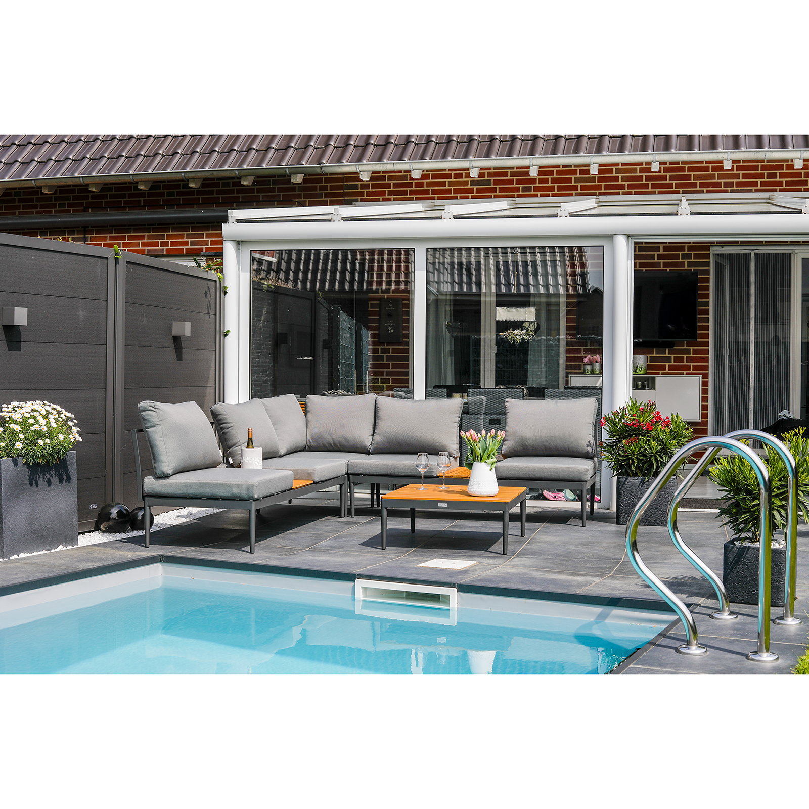 Lounge-Gartenmöbel-Set - teakfarben-grau - Akazie massiv