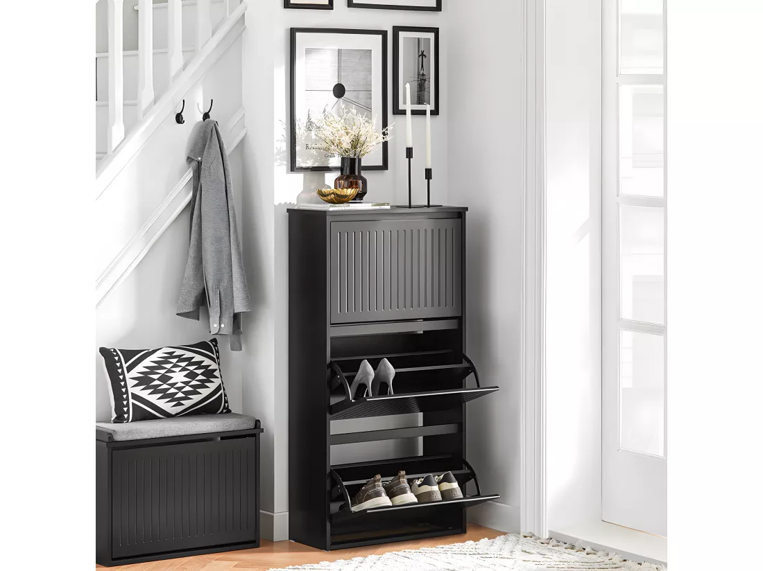 SoBuy Meuble à Chaussures Meuble d'entrée Meuble de Rangement à Chaussures avec 3 Abattants pour Petite Entrée Couloir, Noir, LPH 61x26x120 cm, FSR165-H-SCH