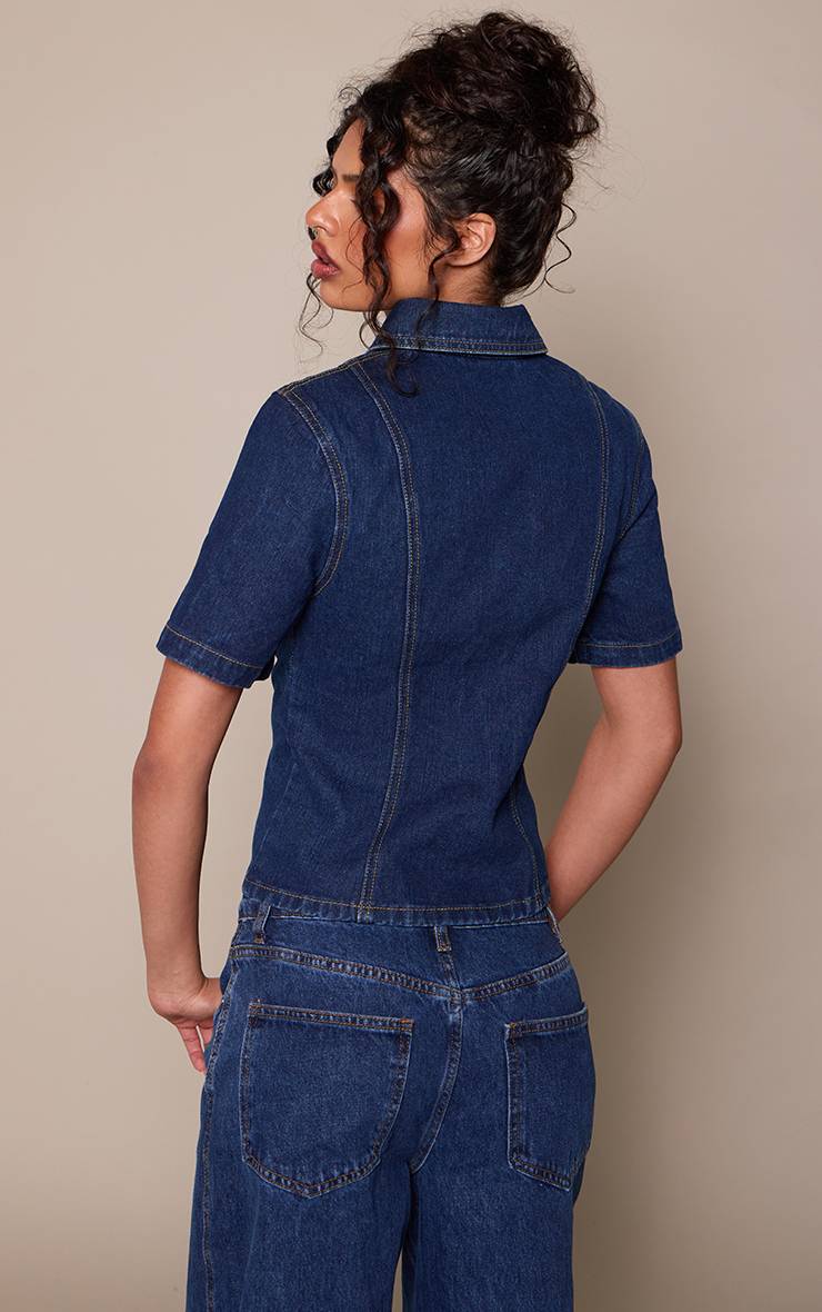 Bleu Indigo Chemise En Jean À Manches Courtes Boutonnée