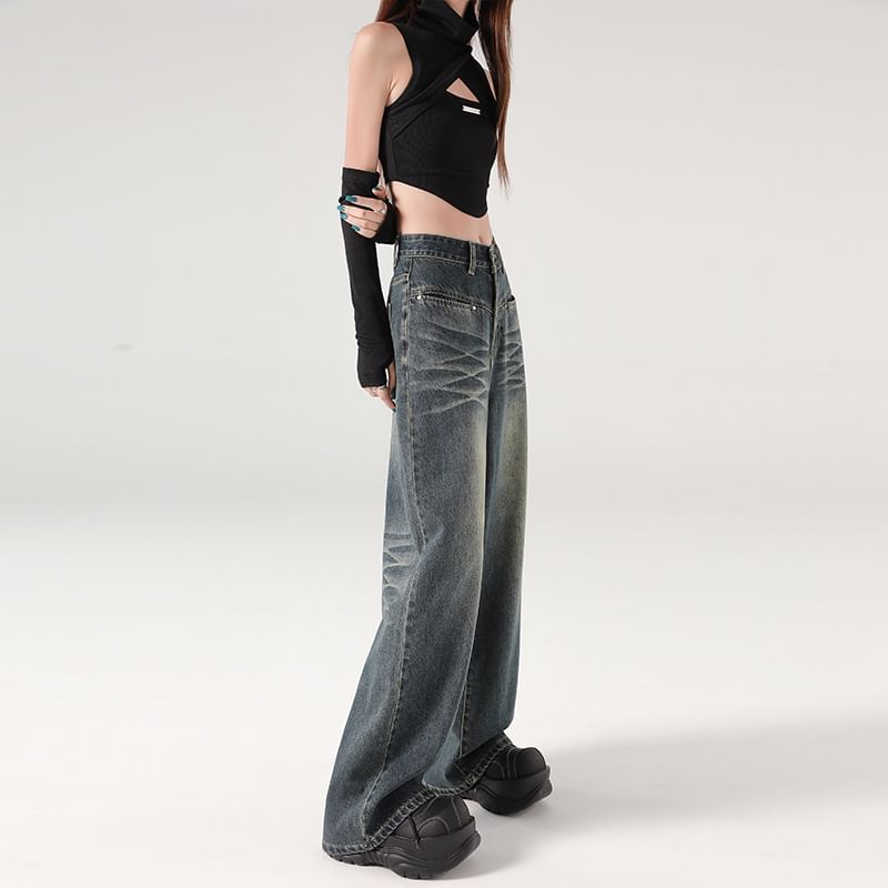 Denimot - High Waist Washed Wide Leg Jeans (diverse designs)
