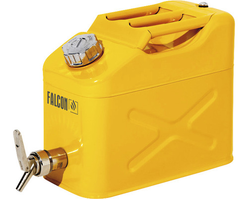 Falcon veiligheidsjerrycan met draagbeugel, schroefdop en fijndoseerkraan, 10 l, staal, geel gelakt