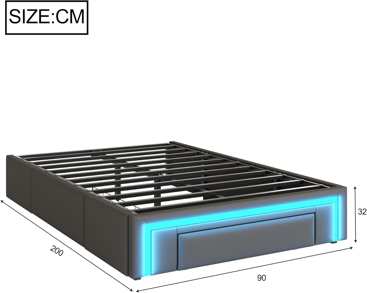 okwish Polsterbett 90x200 cm Einzelbett, Jugendbett Funktionsbett mit 2 Schubladen & LED-Lichtleiste, Gepolstertes Metallbett Bettgestell mit Lattenrost aus Metalllatten, PU-Leder Grau, Ohne Matratze