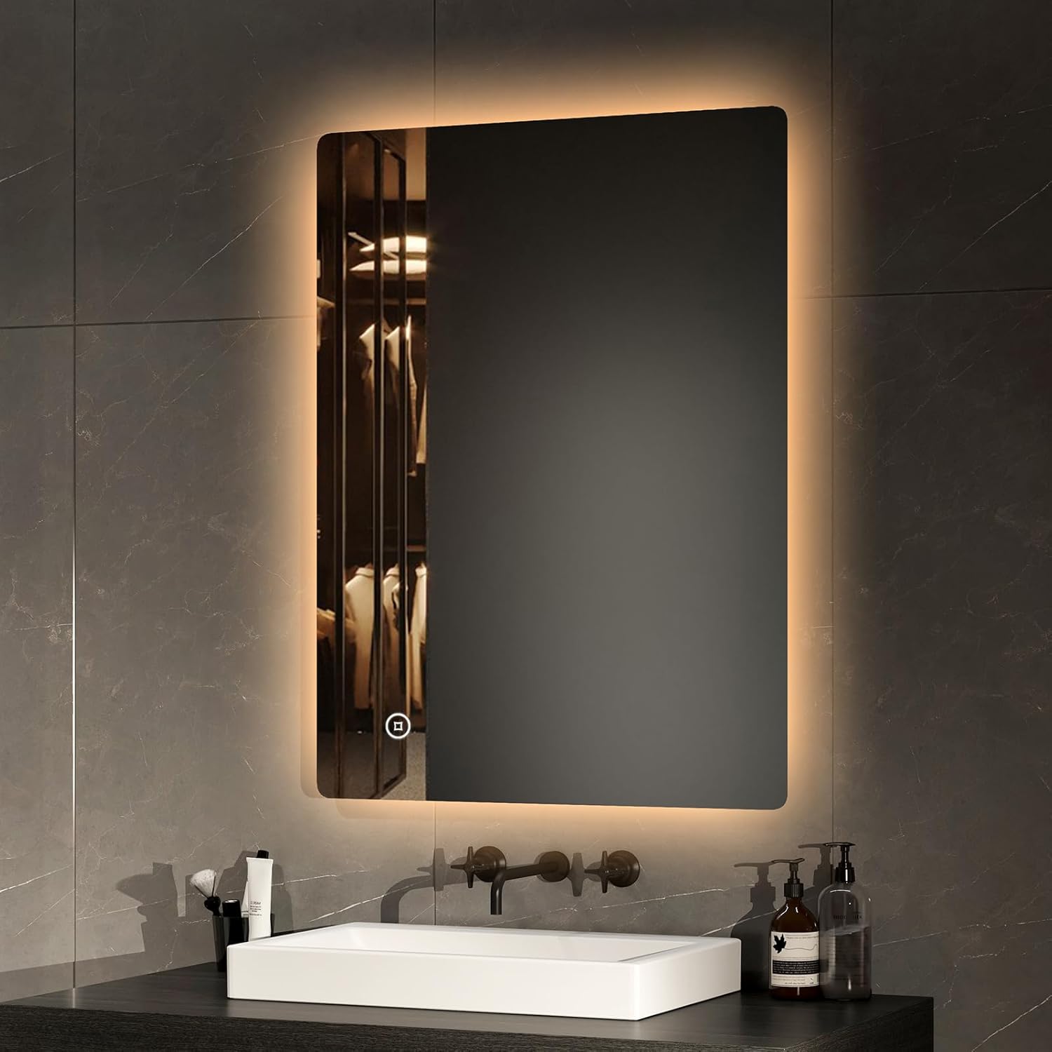 EMKE Badspiegel mit Beleuchtung 80x60cm Badezimmerspiegel mit 3 Lichtfarbe Dimmbar Wandspiegel, Touch, beschlagfrei, 3 Stunden automatische Abschaltung