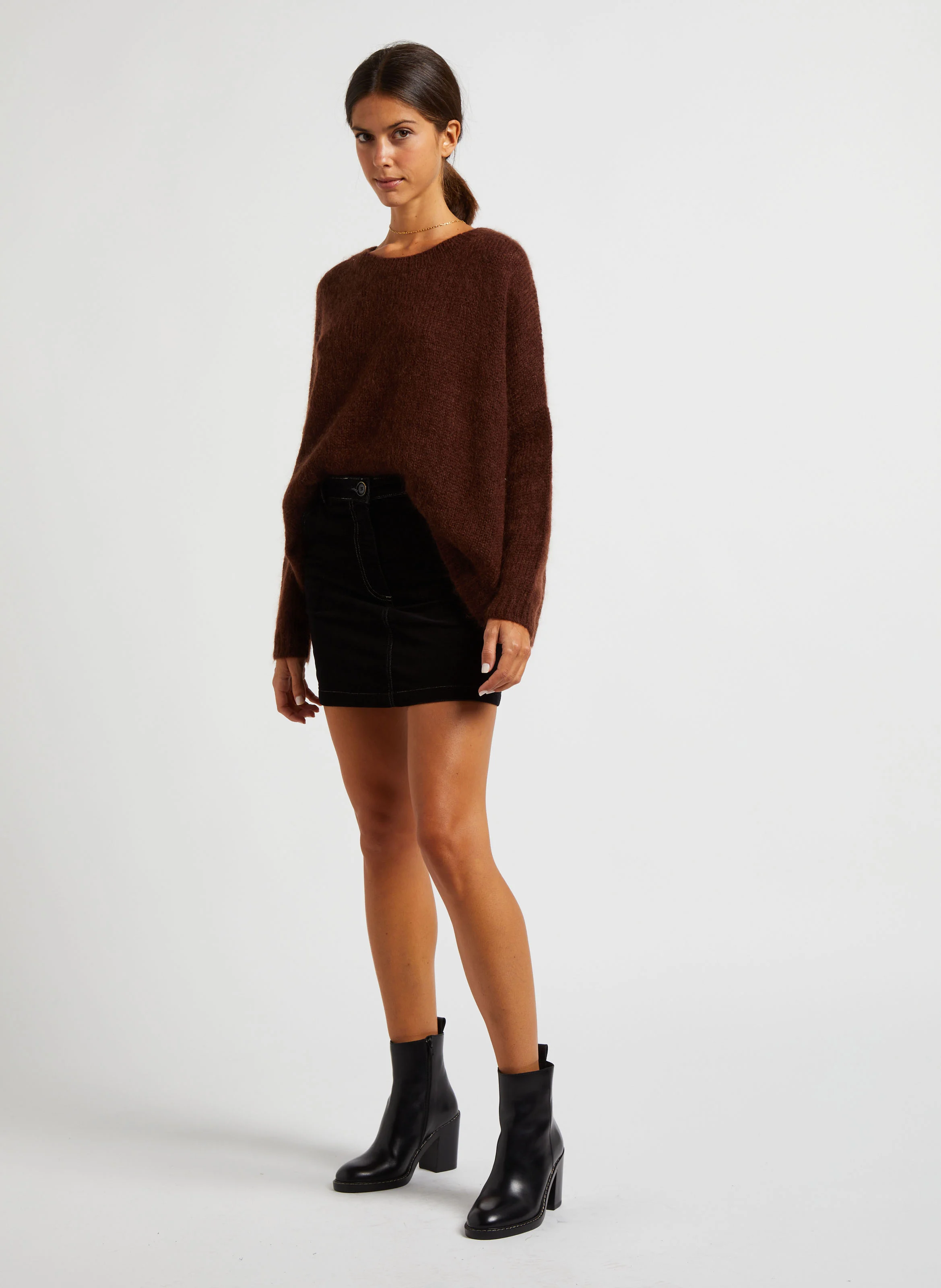 Pull col rond oversize en laine et mohair mélangé | Marron