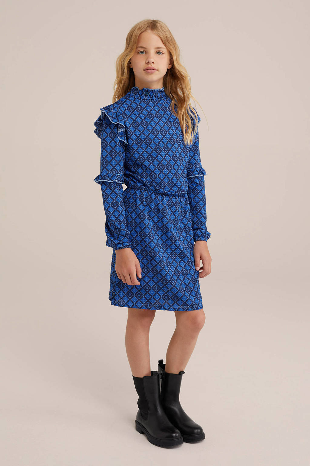 WE Fashion jurk met all over print en ruches blauw