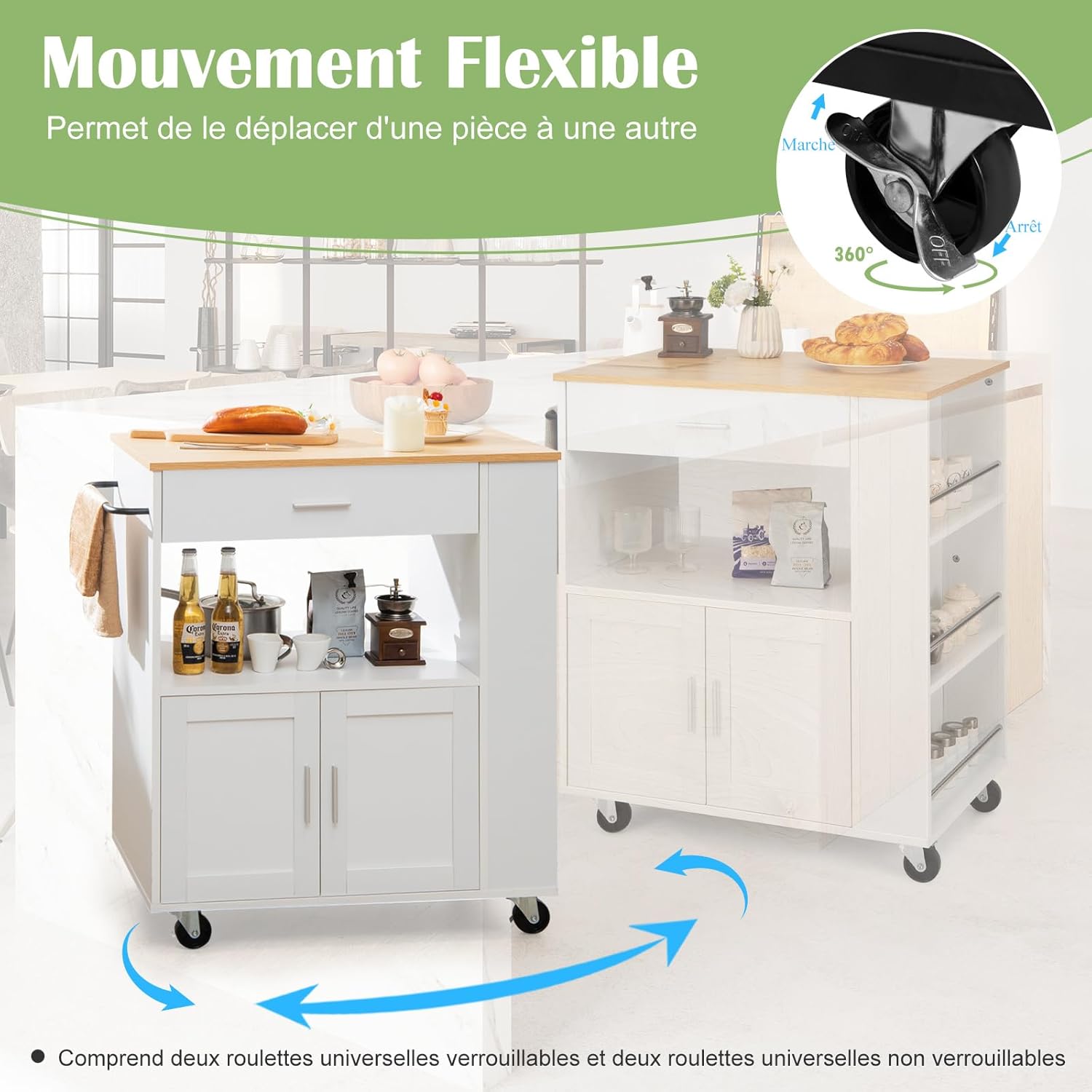 GIANTEX Desserte de Cuisine à roulettes, Chariot de Rangement avec Compartiment Ouvert pour Micro-Ondes, Tiroir, Placard avec 2 Portes, Porte-Épices à 3 Niveaux, Blanc IV5272882