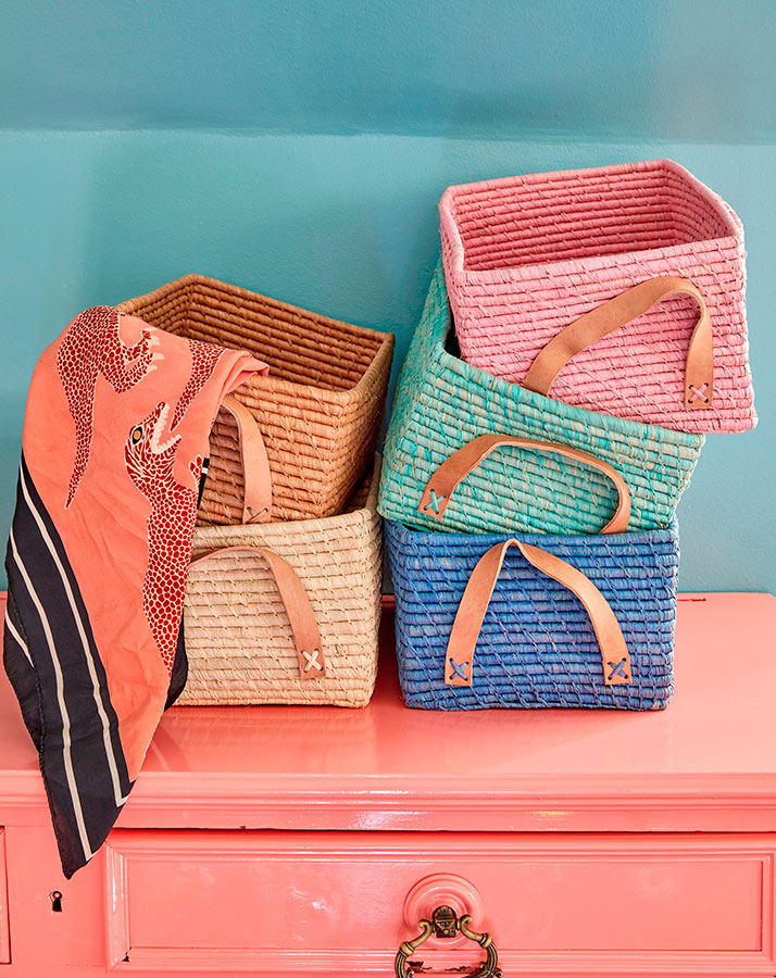 Raffia-Korb RECTANGULAR mit Ledergriffen in mint