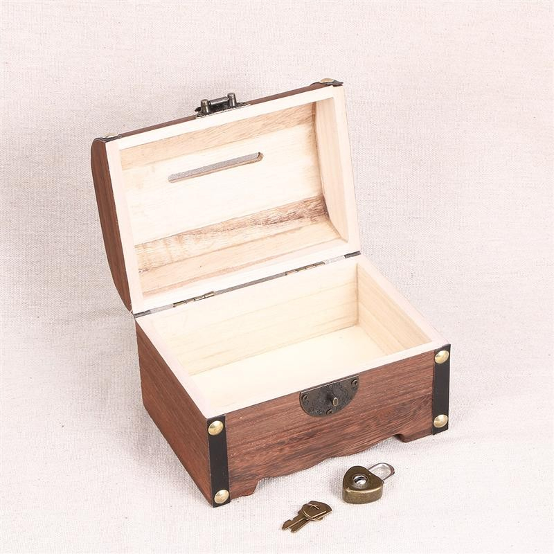 Holz Schatztruhe Wiederverwendbare Vintage Münz Spardose inkl. Schloss   2 Schlüssel - Braun