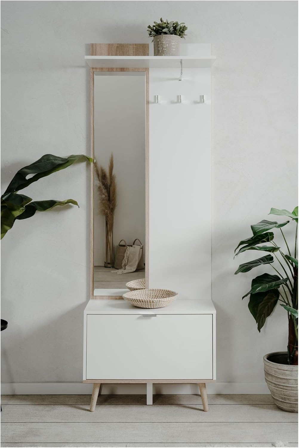Göteborg 42A Kompaktgarderobe, mit Hutablage, Spiegel und Kleiderstange in weiß/Dekor Sonoma Eiche Maß: B x H x T ca. 70 x 200 x 32 cm