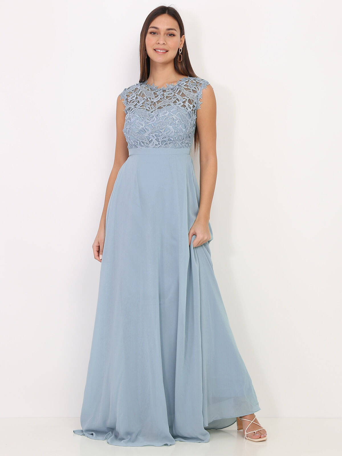 Robe longue à dentelle grandes tailles- Bleu givré