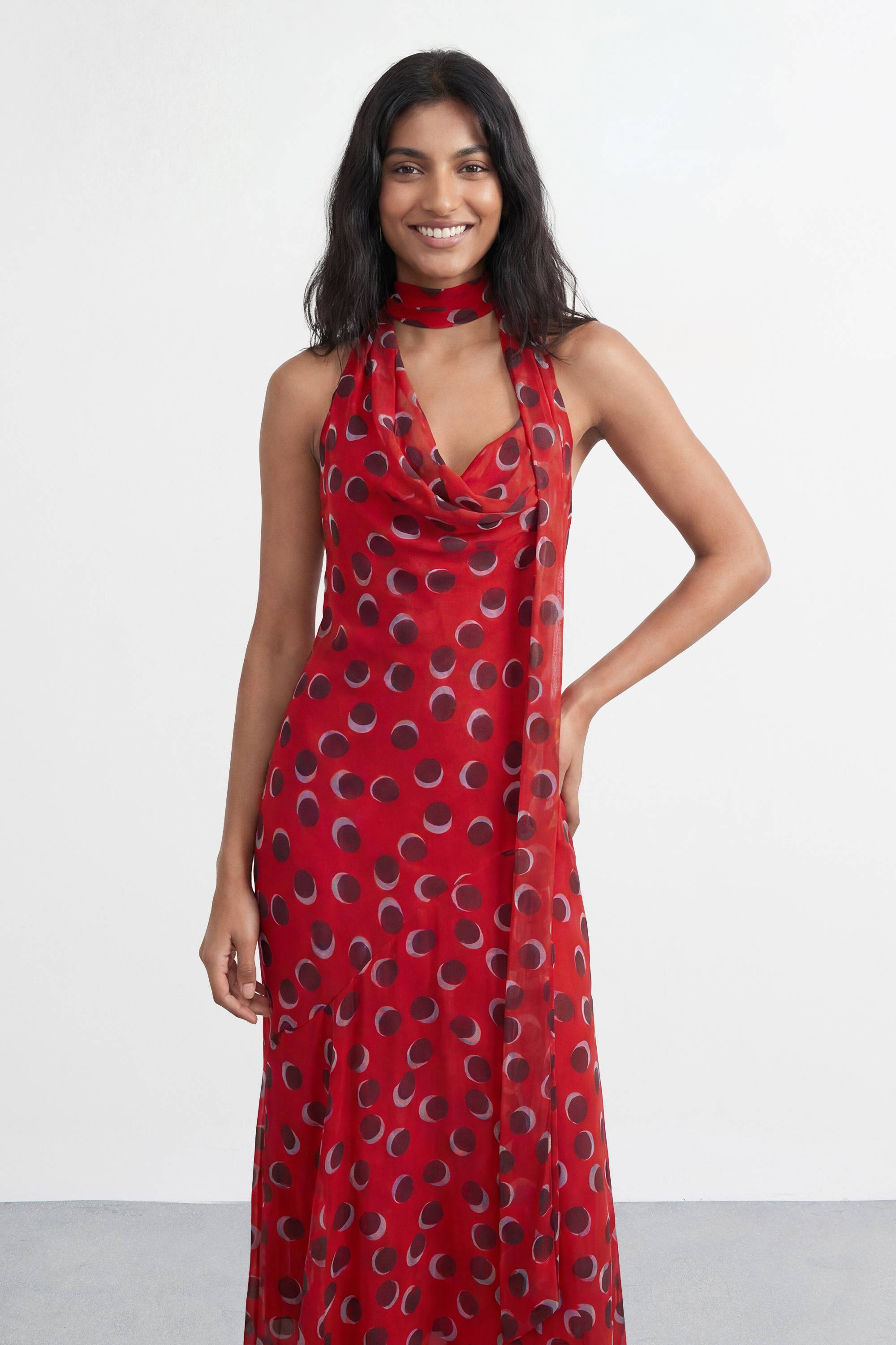 Warehouse Robe Petite Premium À Pois Avec Encolure Drapée Et Col Noué