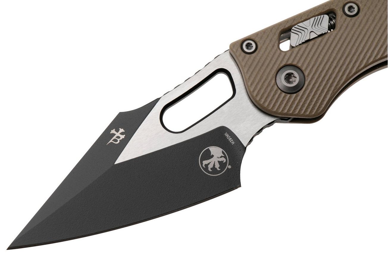Microtech Stitch 169RL-1FLGTTA, Two Tone Black M390MK, Fluted Tan G-10 zakmes, Borka Blades design