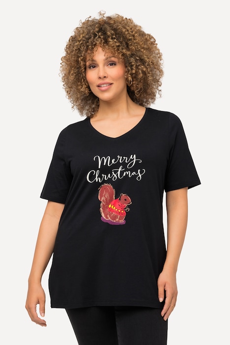 Weihnachts-Shirt, Eichhörnchen, V-Ausschnitt, Halbarm