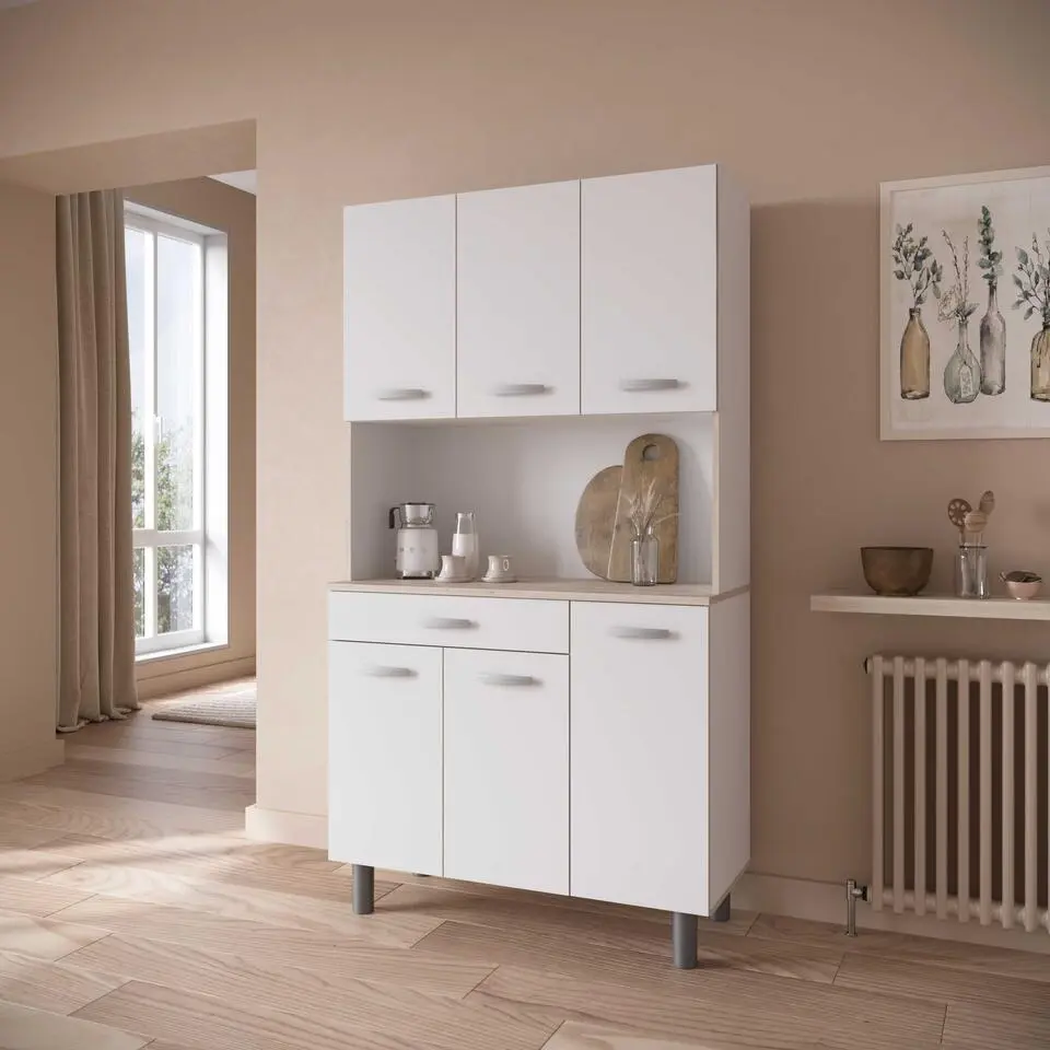 Buffetkast Pavel 185cm hoog - mat wit/acacia met werkblad
