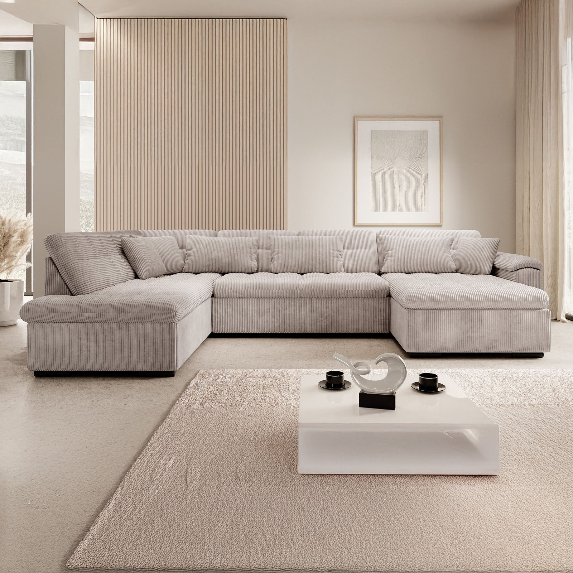 Nicoreta - Hoekbank 5-zits met chaise longue - Ribstof beige - Rechts