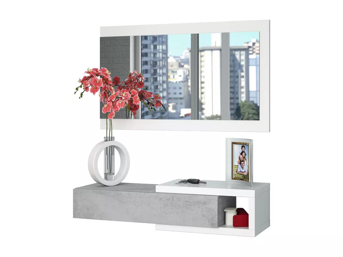Meuble d'entrée Dhasi, Entrée réversible avec miroir, Meuble d'entrée avec tiroir, Plateau de poche pour appartements, 95x26h69 cm, Blanc et Ciment