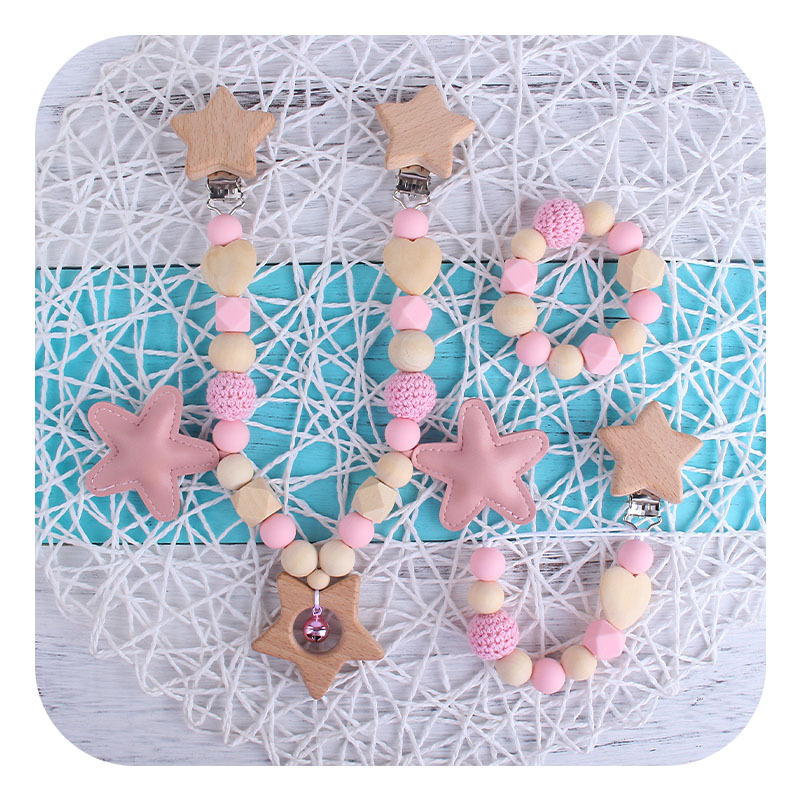 (3-tlg. Set) Holz Nuggiband Kinderwagen Schnullerkette   Baby Spielzeug - Stern / Rosa