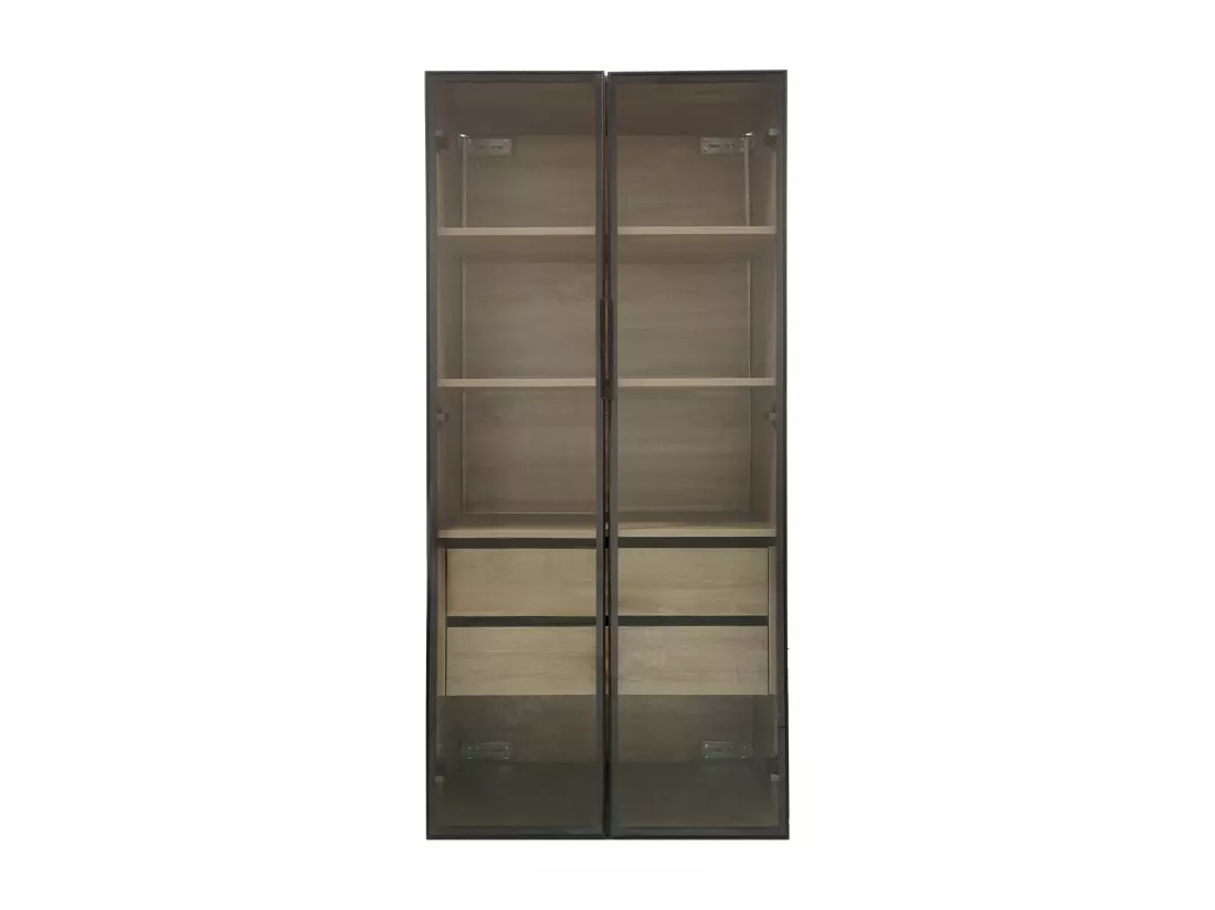 Meuble de salle de bain avec LEDs - 74 x 36 x 155 cm - 2 grands tiroirs et 2 portes vitrées - bois MDF - naturel