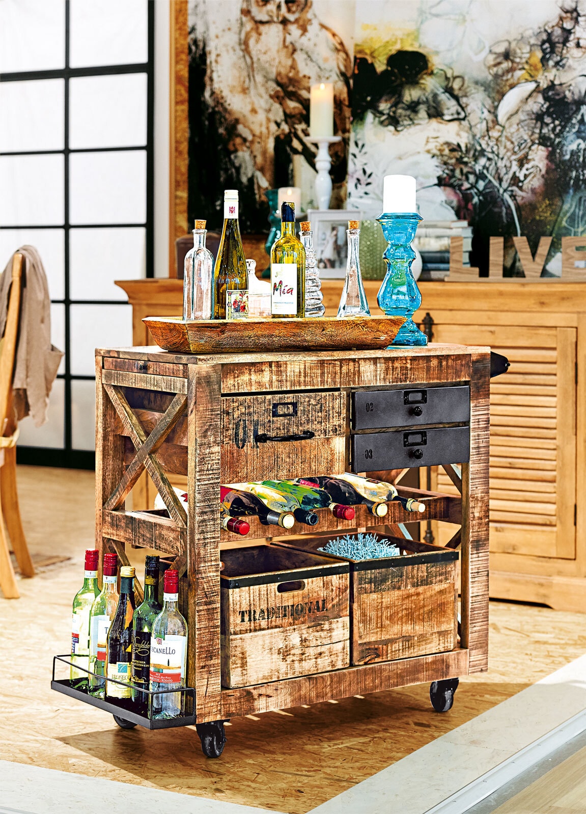 Servierwagen Warehouse 97x85x43 cm Mango massiv