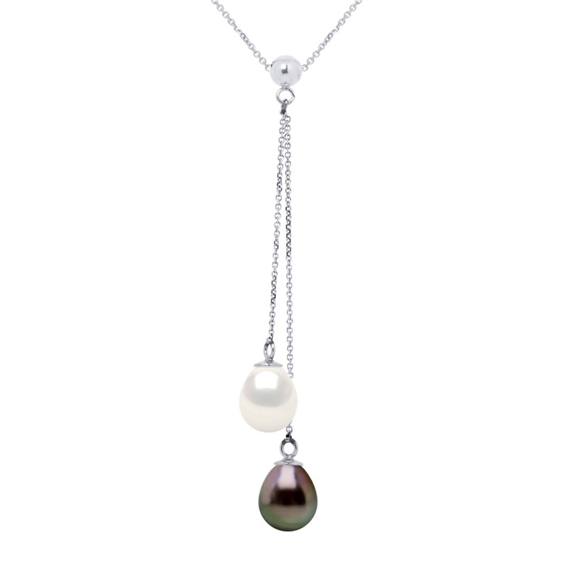 Collier TOI ET MOI Perles de Culture de TAHITI et d'EAU DOUCE Poires 7-8 mm Or Blanc