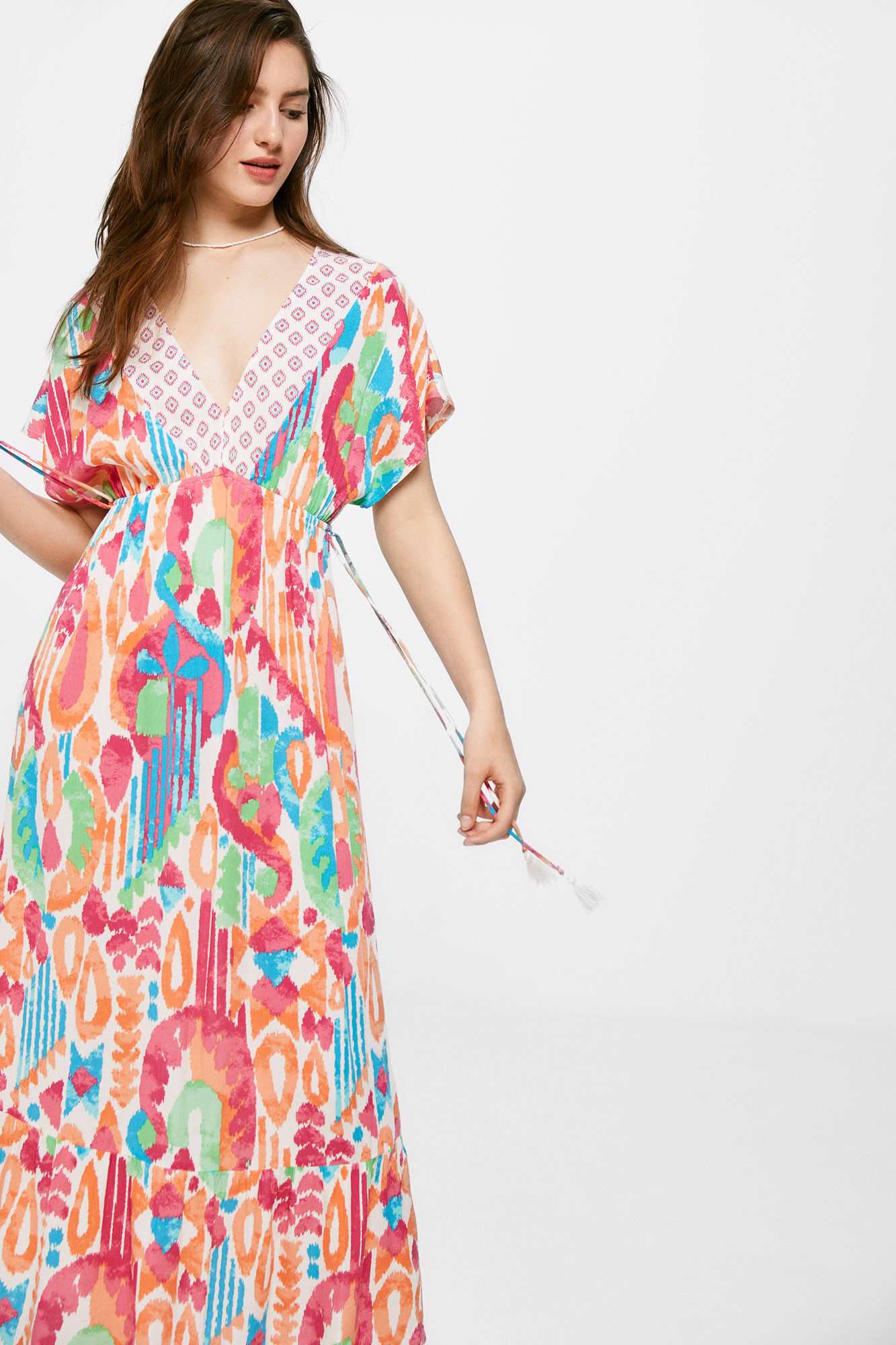 Vestido midi estampado com laços - Marrom