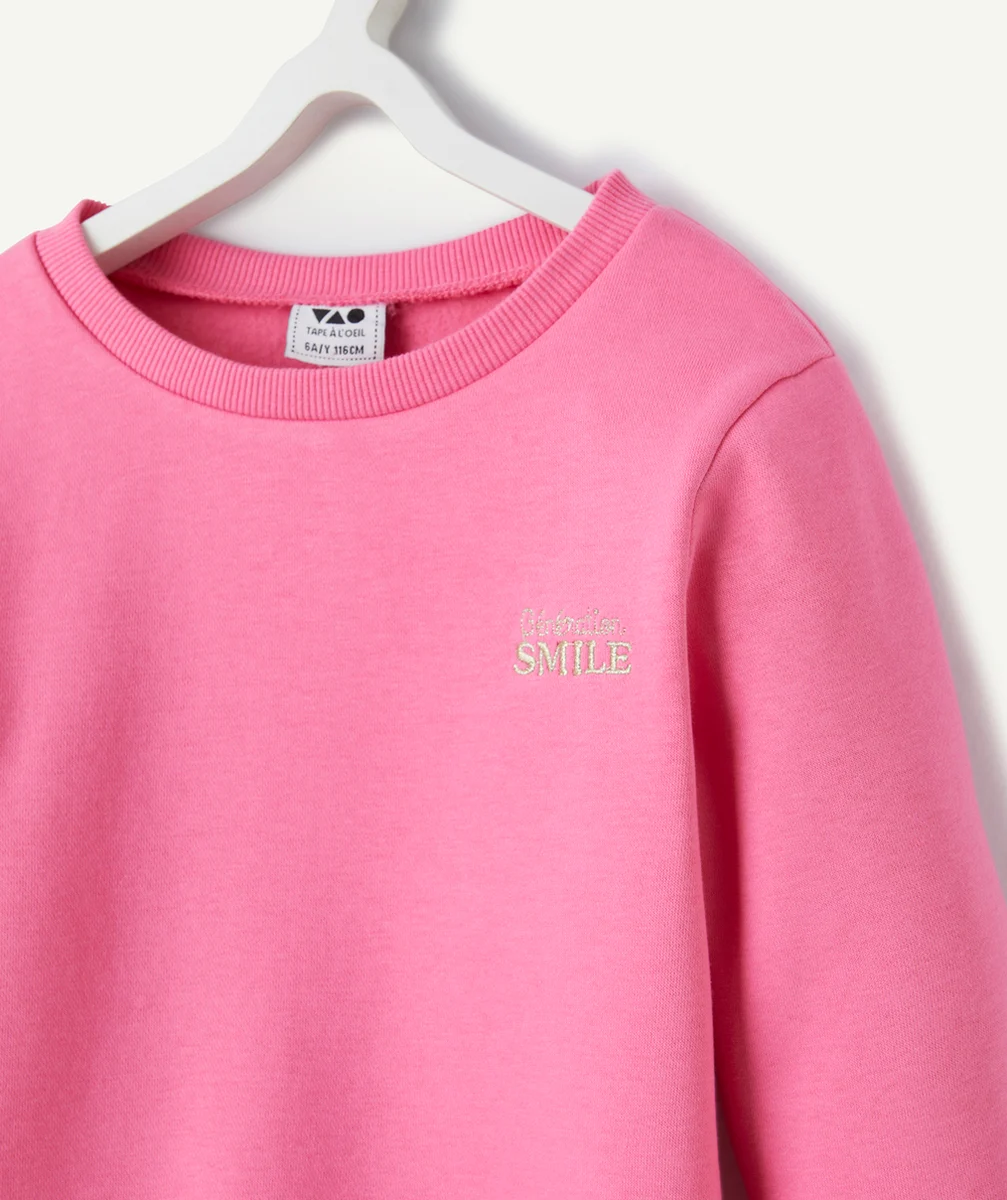 SWEAT MANCHES LONGUES FILLE EN FIBRES RECYCLÉES ROSE AVEC BRODERIES SMILE DORÉES
