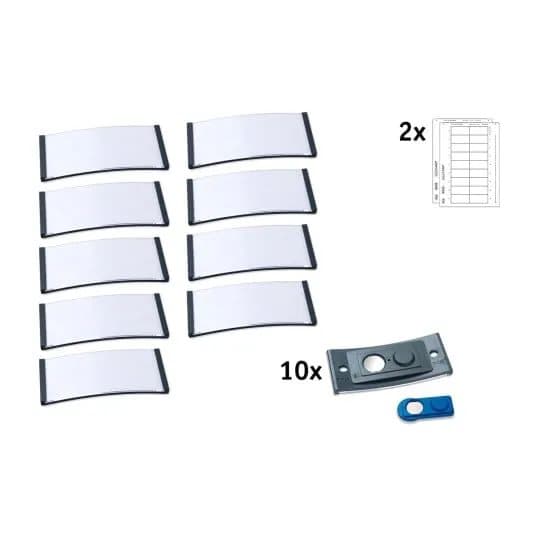 Navneskilt Badgepoint® 70x30 mm, Polar® Classic 30 Medarbejderskiltesæt, skilte med antracit ramme, akrylglas og printbare indstik - 10 skilte inkl.