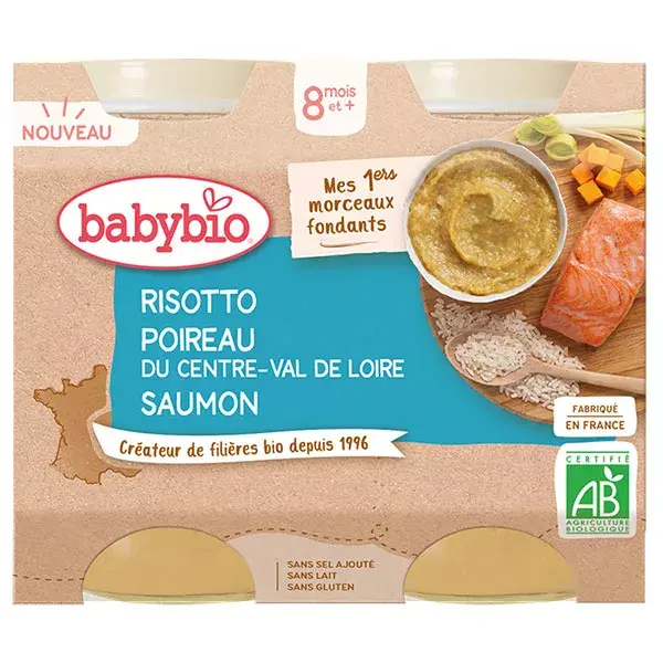 Risoto de alho-poró Babybio da região Centre-Val de Loire com salmão orgânico 2 x 200g