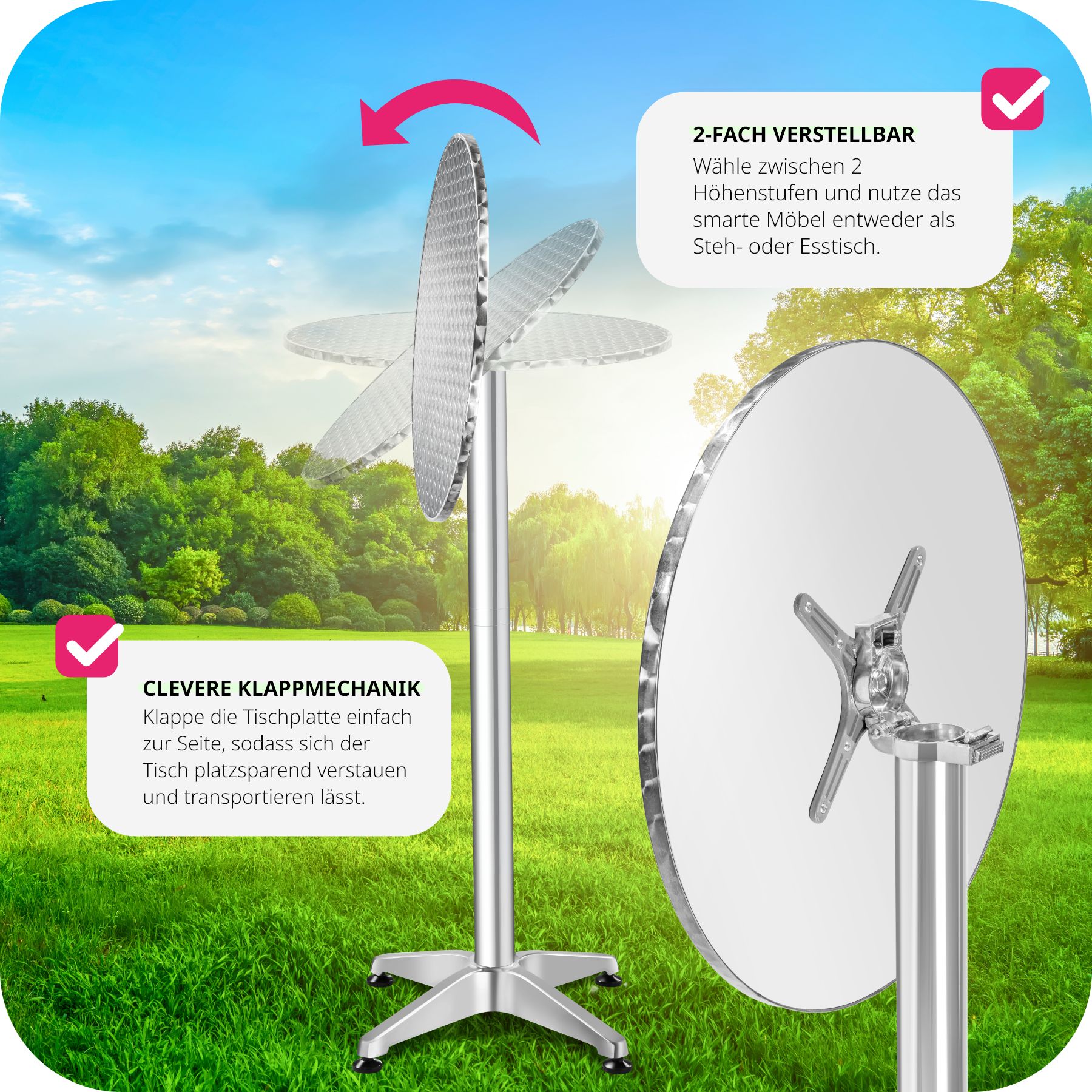 tectake® Stehtisch, aus Aluminium, rund, standfest und pflegeleicht, 60 x 75/115 cm