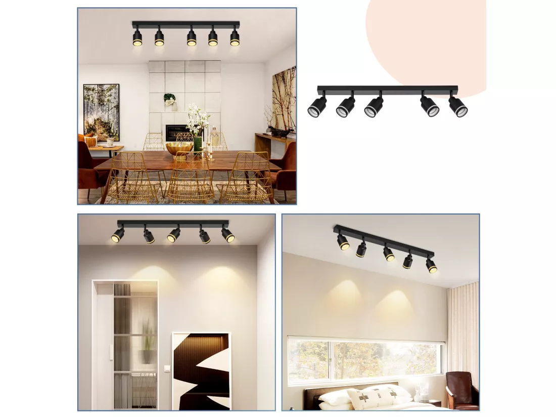NETTLIFE Plafonnier noir moderne : 5 spots de plafond orientables en métal, plafonnier GU10, pour chambre, salle à manger, sans ampoule