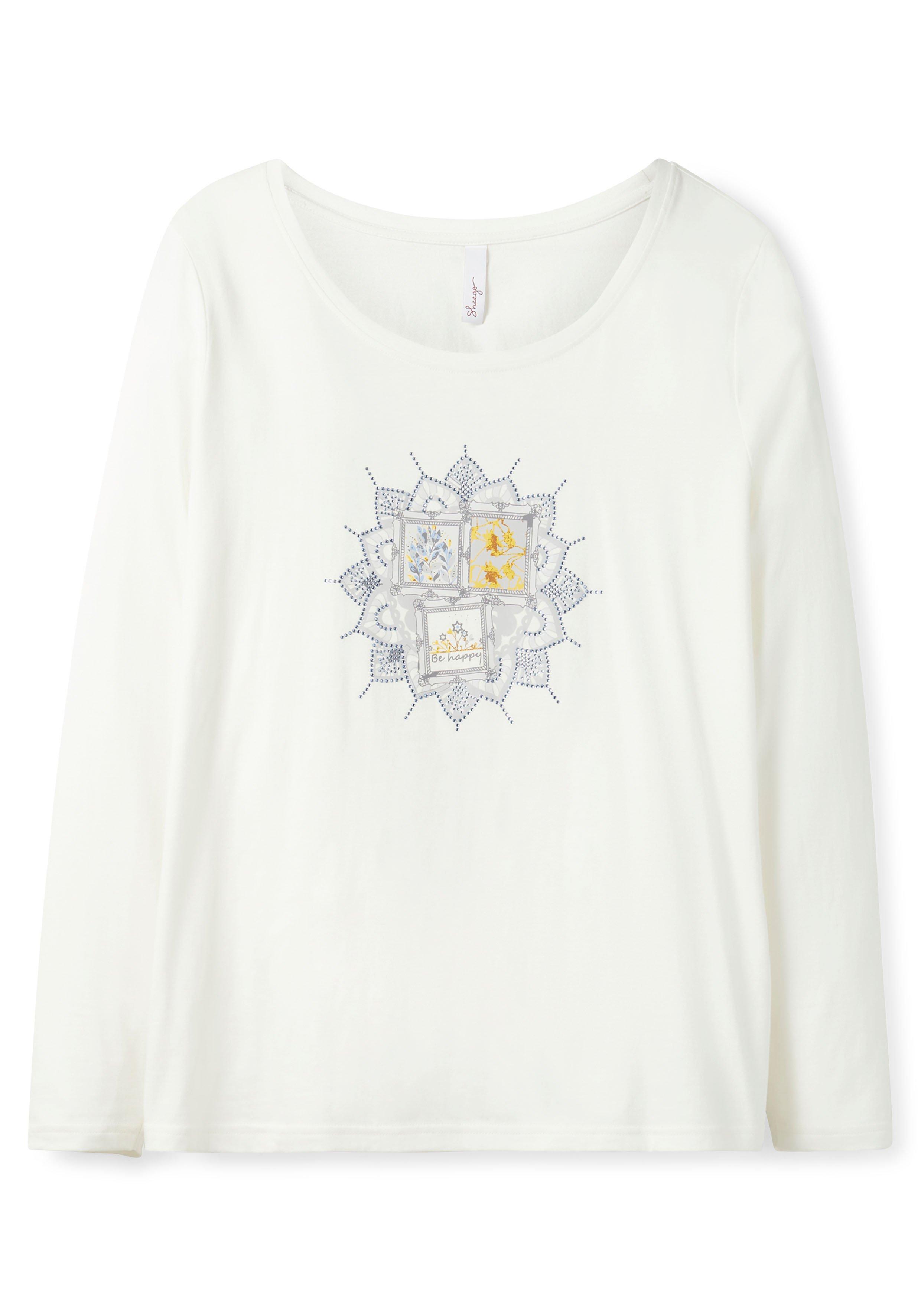 Langarmshirt mit Frontprint und Glitzersteinen