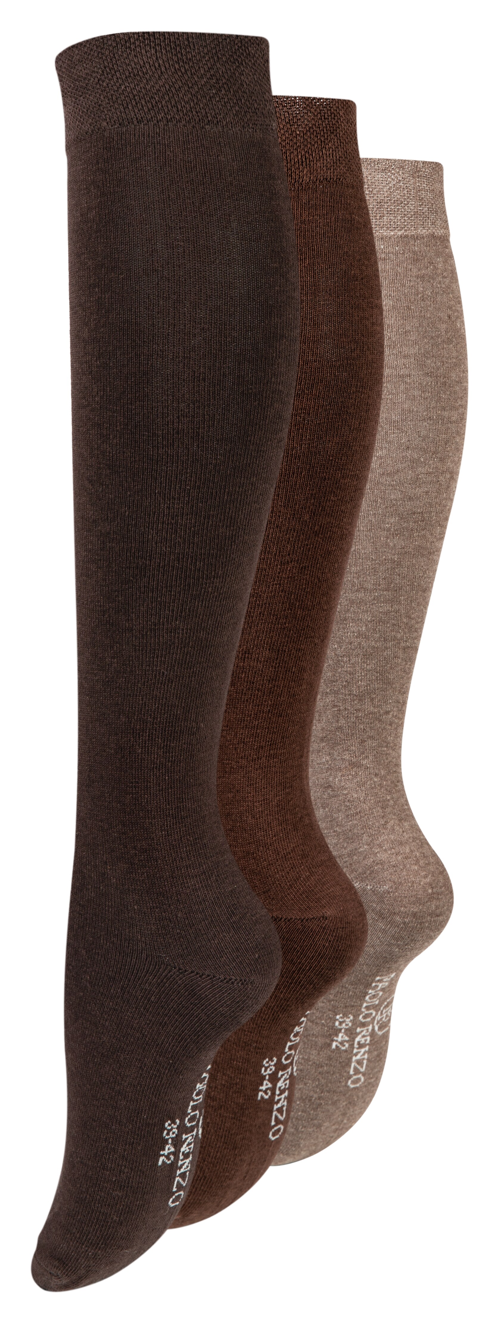 Paolo Renzo® Damen Baumwoll-Kniestrümpfe 3 Paar - Größe 39/42 - Braun