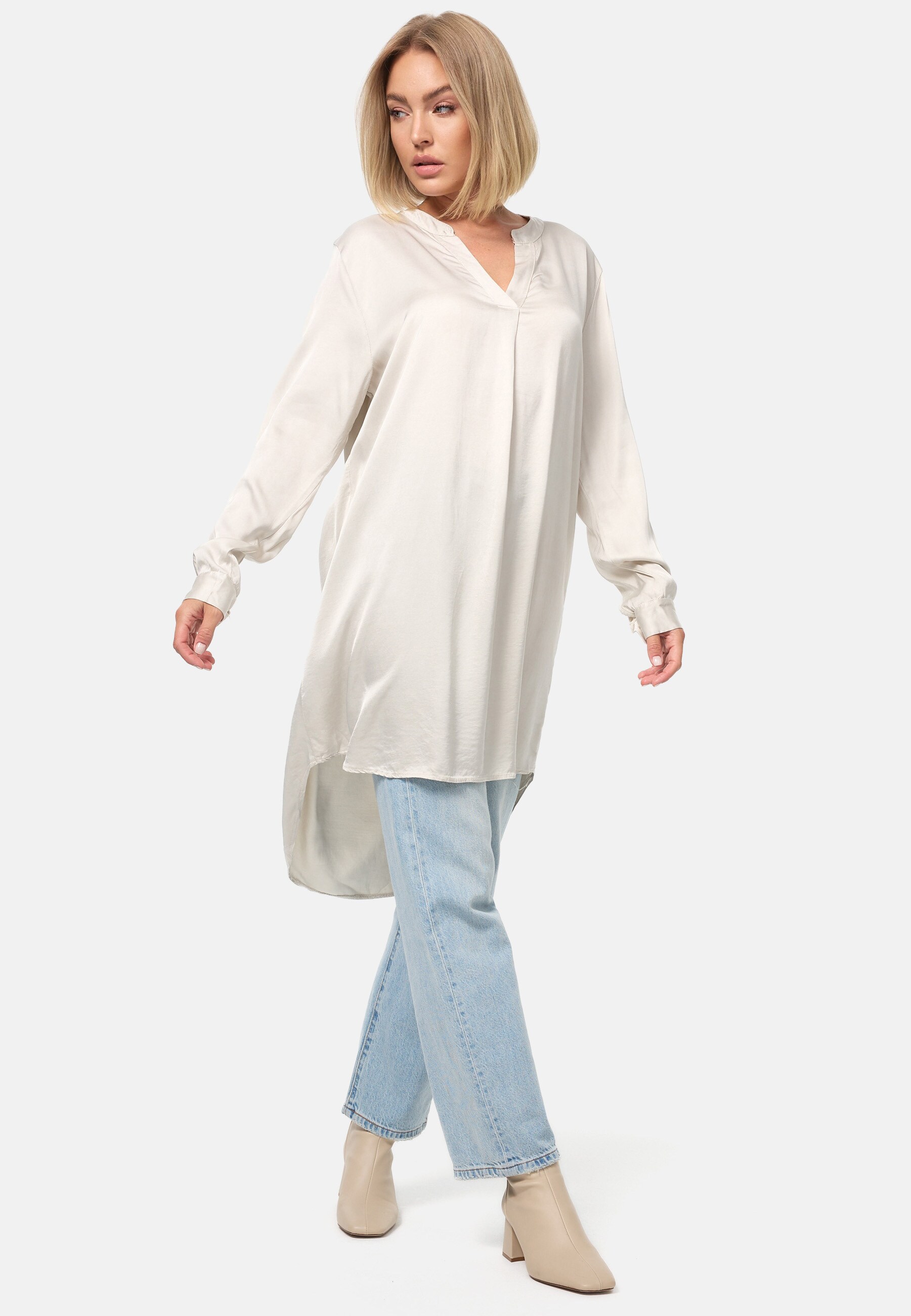 PM SELECTED Damen Elegante Satin Light Oversize Business Long Bluse in Einheitsgröße PM07