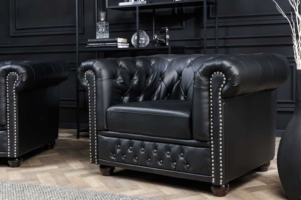 Design Sessel CHESTERFIELD 110cm matt schwarz Knopfheftung Federkern