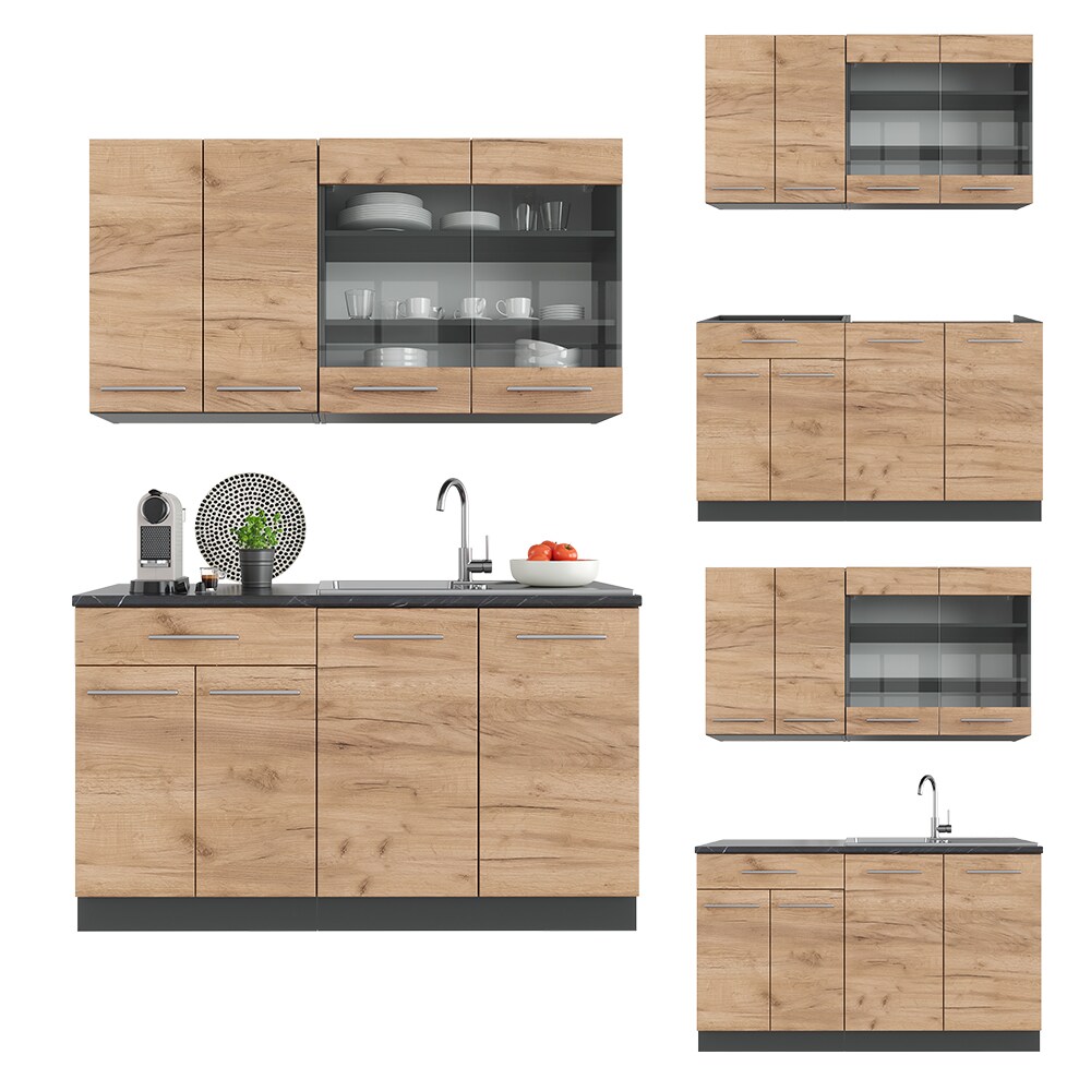 Vicco Küchenzeile Küchenblock Einbauküche Fame-Line Single Anthrazit Eiche 140 cm modern Küchen Schränke Spülenunterschrank Schubunterschrank Hängeschrank Hängeglasschrank