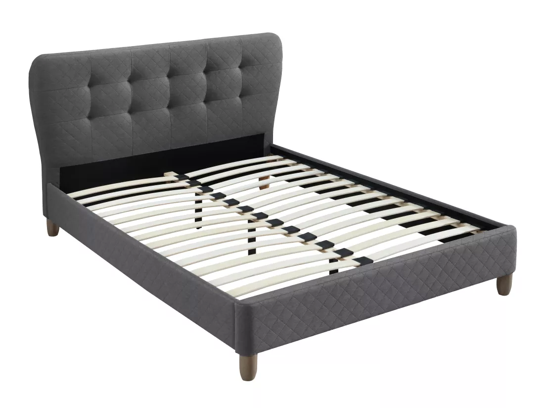 Lit 140 x 190 cm avec tête de lit capitonnée - Tissu - Gris + Matelas - ELIDE