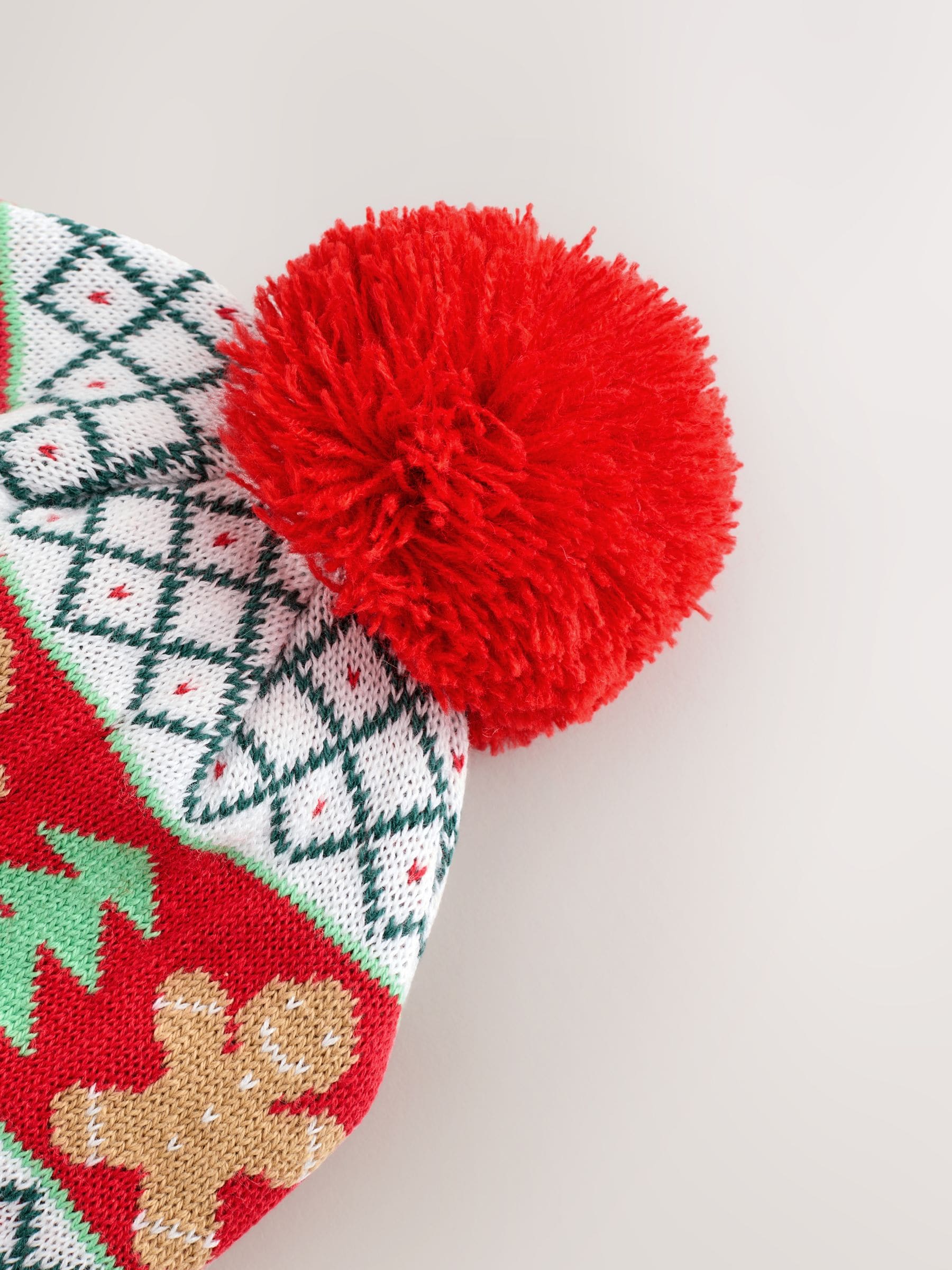 Rood met peperkoekprint - Baby Knitted Pom Christmas Beanie Hat