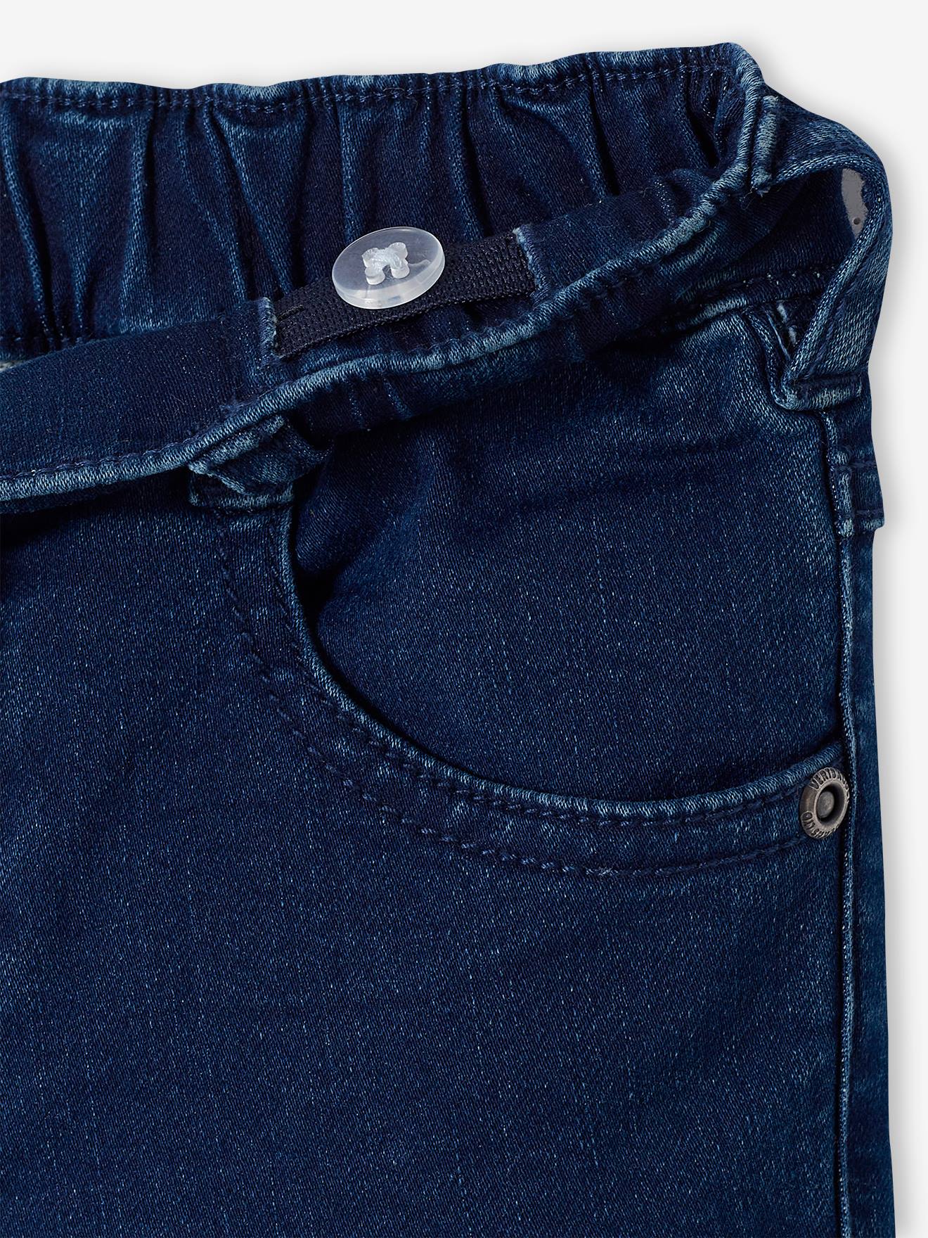 Calças de moletom com efeito jeans, corte justo e fáceis de vestir, para meninos, cor azul-escura lisa.