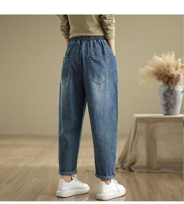 Lewwe - Elastische taille met visborduursel en gewassen cropped baggy jeans