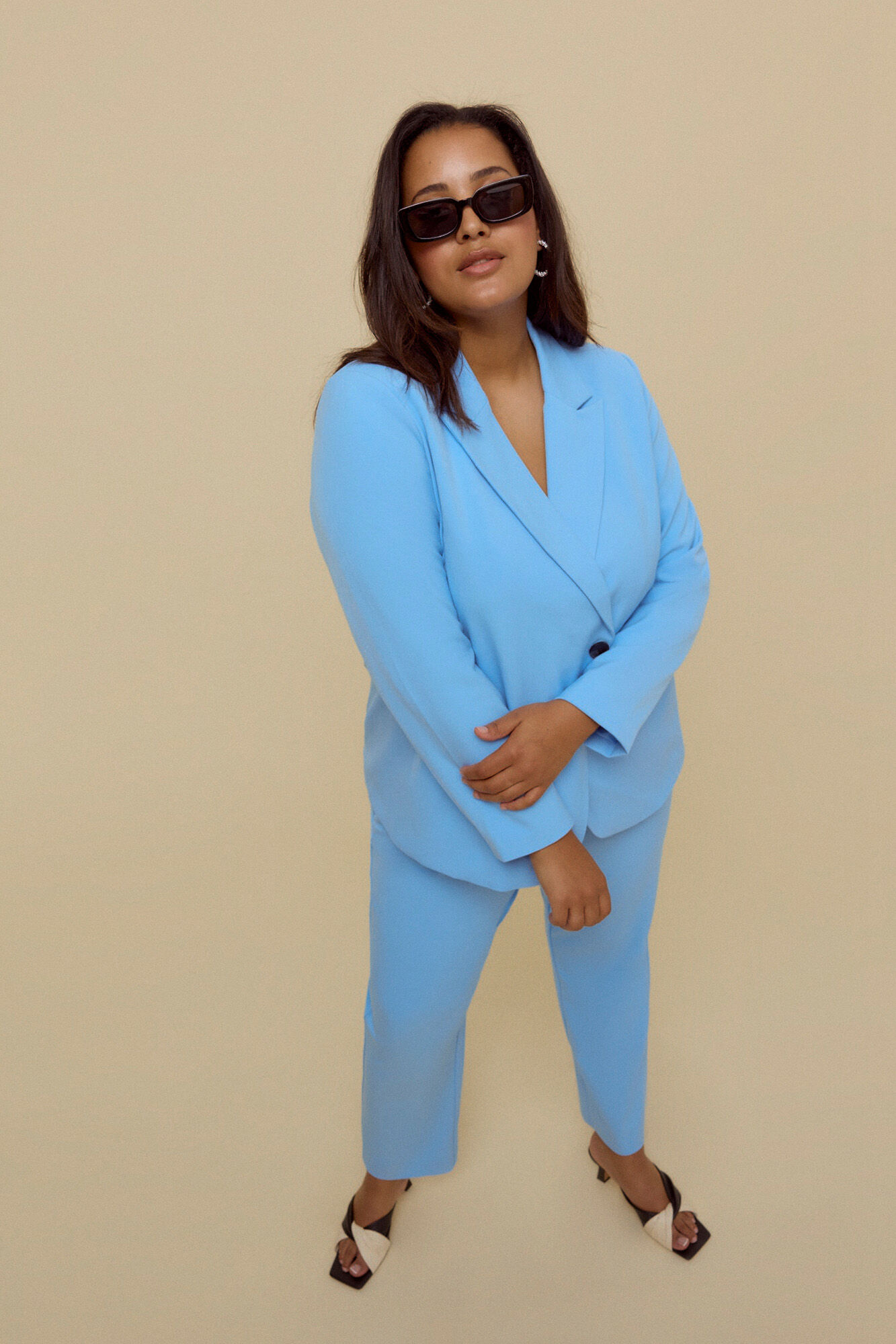 Blazer plus size de abotoamento duplo - Azul