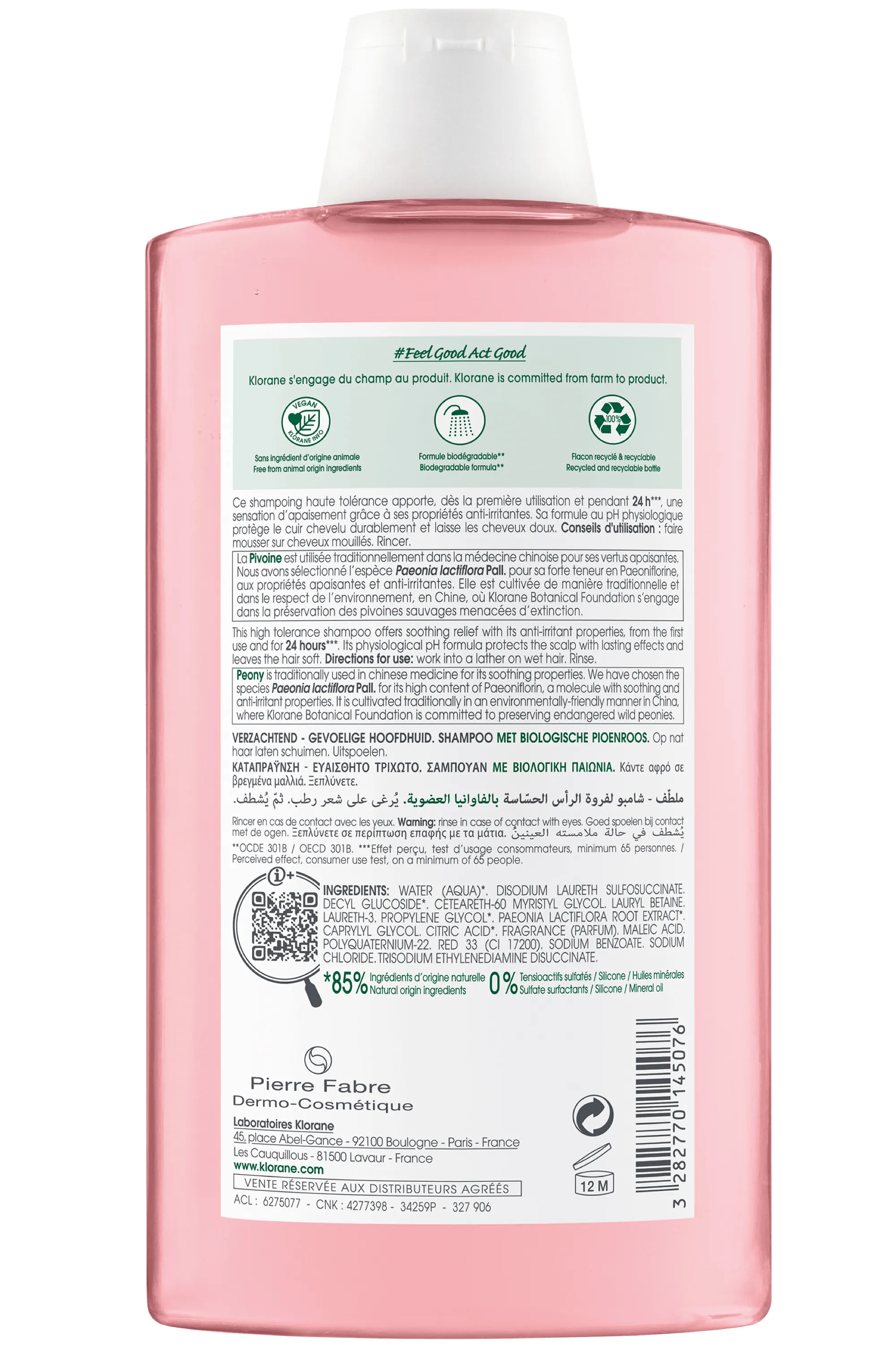 Klorane Shampoing à la Pivoine bio cuir chevelu sensible-400 ml