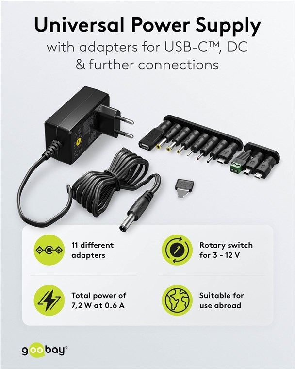 (7.2W) Universal Ladegerät Netzteil AC/DC 3-12V inkl. 11 Adaptersteckern (64571) - Schwarz