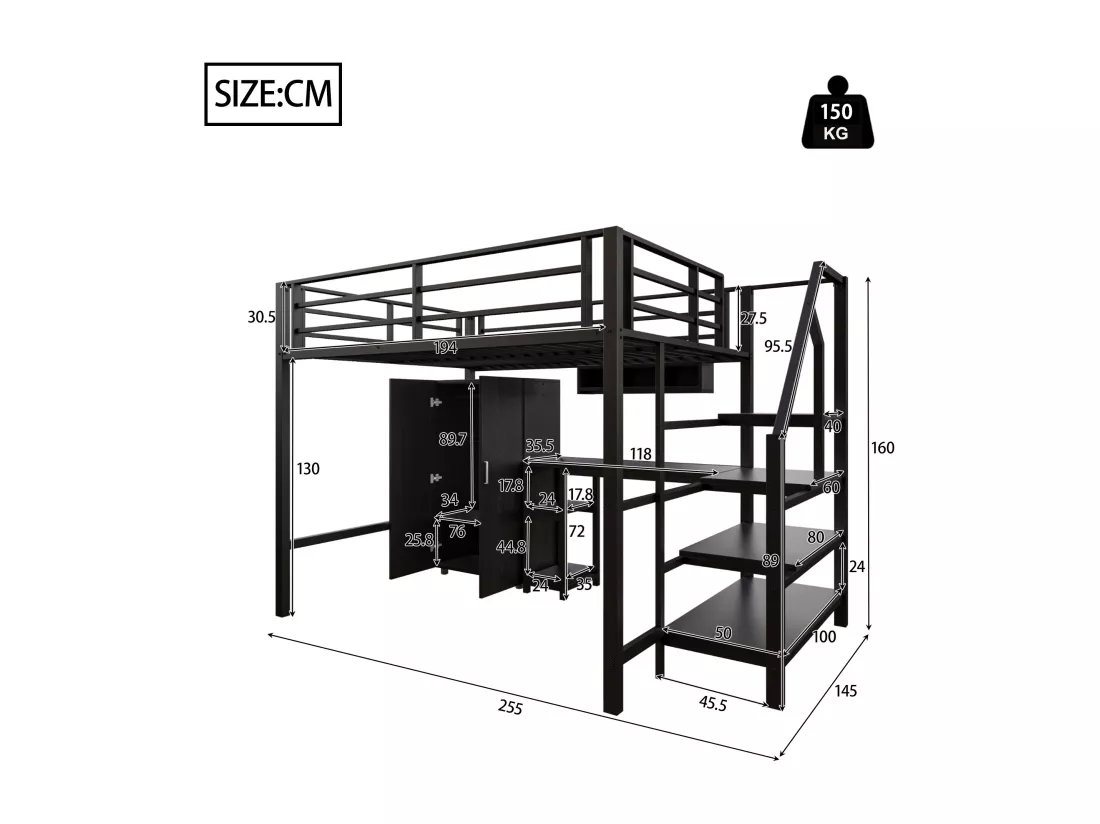 Lit mezzanine 140 x 200 cm avec bureau, armoire et étagères - Métal + MDF - Noir (sans matelas)