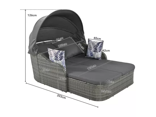 Salon de jardin pour 2 personnes - Canapé lounge en rotin PE avec 4 oreillers et auvent réglable - Gris