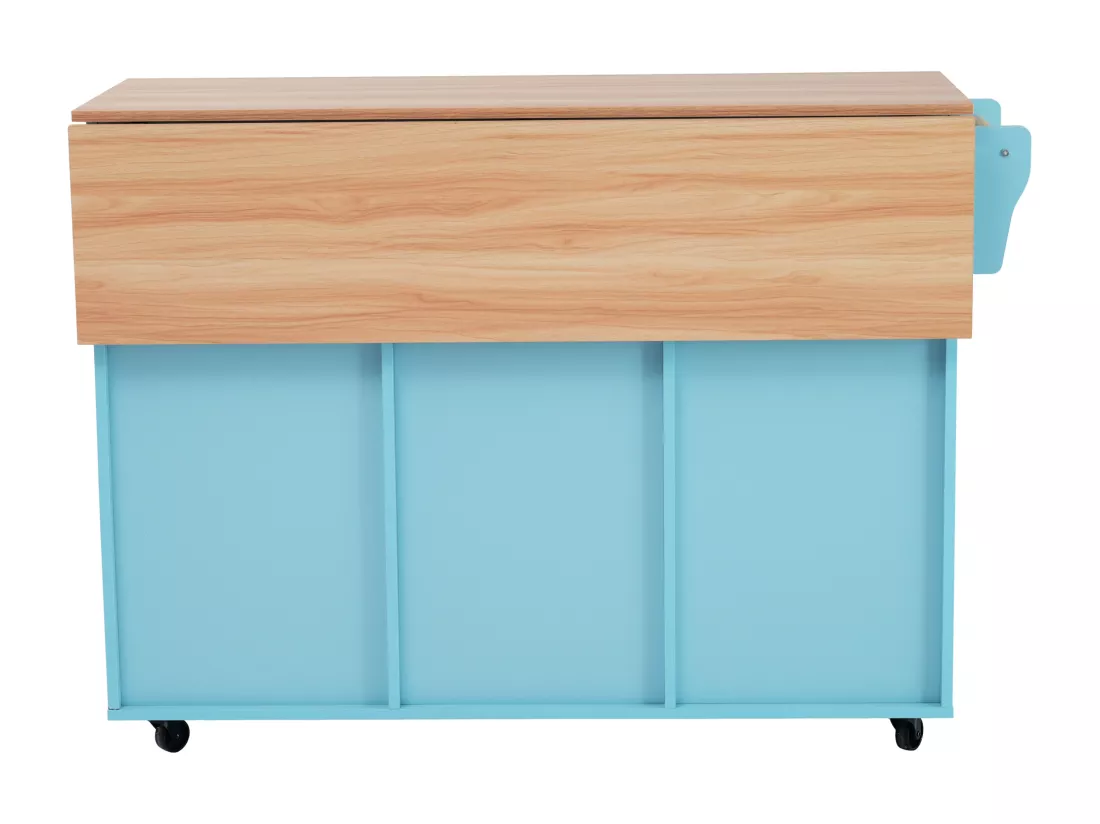 Ilot central de cuisine avec 2 tiroirs - Plateau extensible - pieds en roulettes ou en bois massif - Bleu Ciel