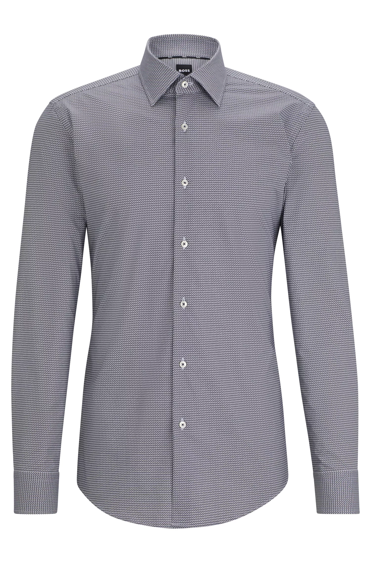 Camisa BOSS preta de corte slim em algodão elástico estampado.