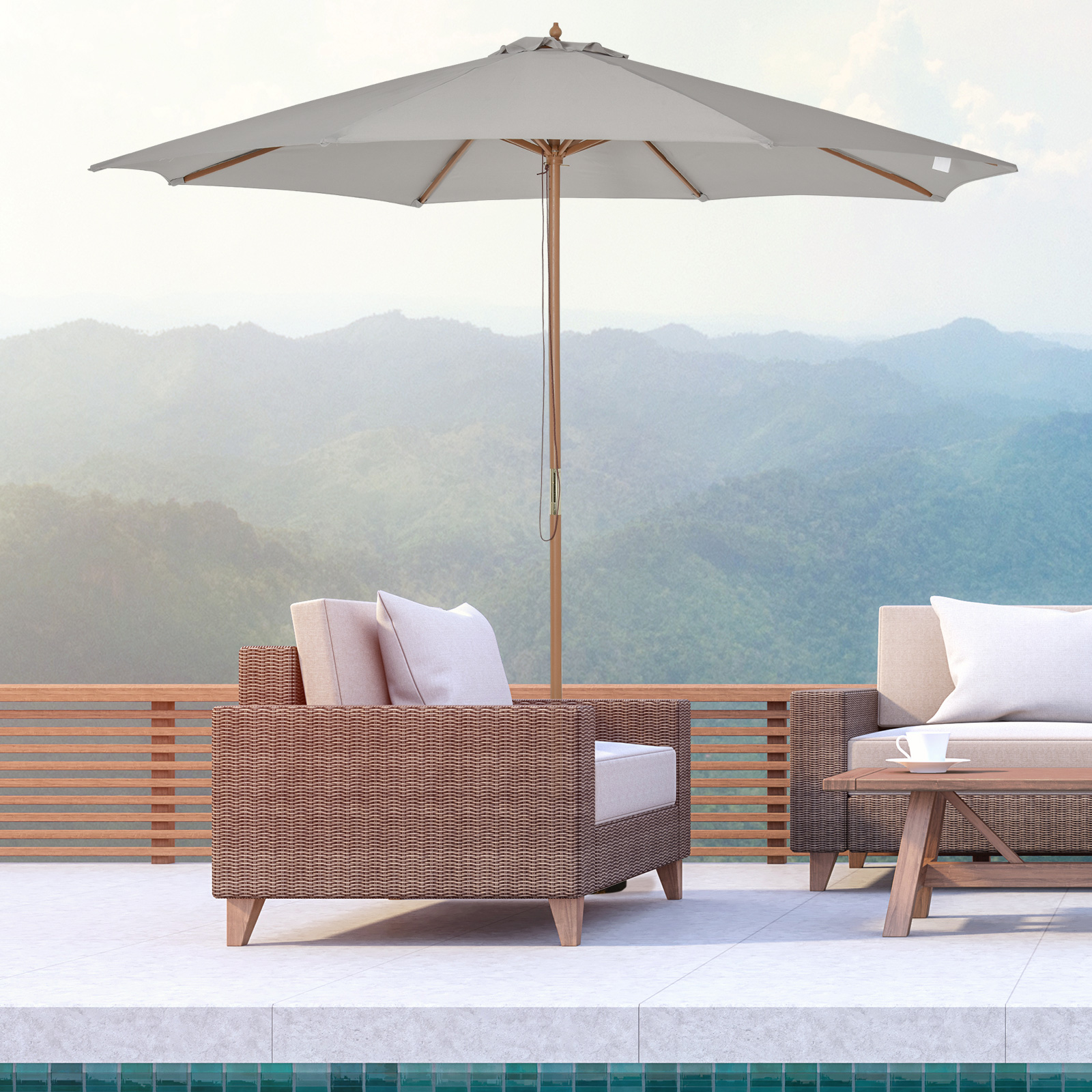 Guarda-sol de jardim Outsunny Ø300x250 cm com sistema de fixação por trava, cobertura ventilada e mastro de madeira removível para terraço, pátio e área externa, cor cinza.