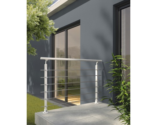 Pertura Melia complete leuningset, aluminium, wit met zes roestvrijstalen staven voor vloermontage, breedte: 1,50 m