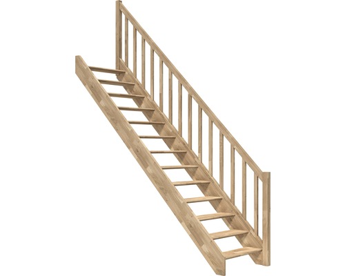 Pertura Elenie eikenhouten trap zonder stootborden, gelakt, recht, 83,5 cm, 14 treden / 15 stootborden, balusterleuning