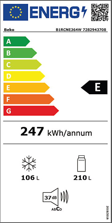 Réfrigérateur congélateur à poser Beko B1RCNE364W 210L / 106L blanc